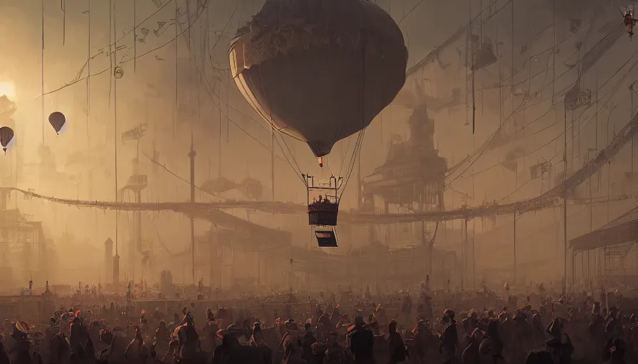 Image similar to Hot air balloon factory plant in a Dieselpunk city, steam, epic composition, intricate, elegant, volumetric lighting, digital painting, highly detailed, artstation, sharp focus, illustration, concept art, ruan jia, steve mccurry