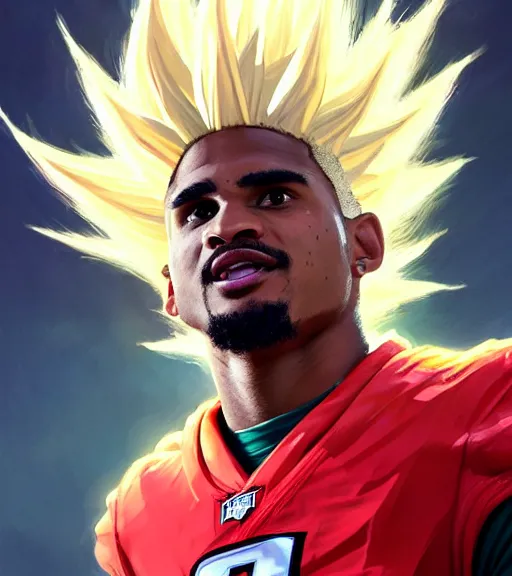 Image similar to highly detailed portrait of super saiyan jalen hurts, philadelphia eagles football, unreal engine, fantasy art by greg rutkowski, loish, rhads, ferdinand knab, makoto shinkai and lois van baarle, ilya kuvshinov, rossdraws, tom bagshaw, global illumination, radiant light, detailed and intricate environment