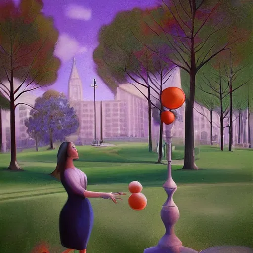 Image similar to woman juggling in the park. Oil painting. Digital painting. Art station. Mood lighting. highly detailed, concept art, intricate, sharp focus, einar jonsson , man ray