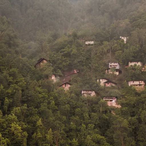 Prompt: tribal village within an eerie forest. photographed from the nearby mountains. foggy.