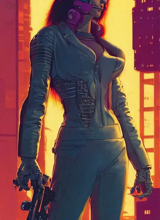 Image similar to cyberpunk hitwoman. portrait by mœbius and will eisner and gil elvgren and pixar. realistic proportions. cyberpunk 2 0 7 7, apex, blade runner 2 0 4 9 concept art. cel shading. attractive face. thick lines.