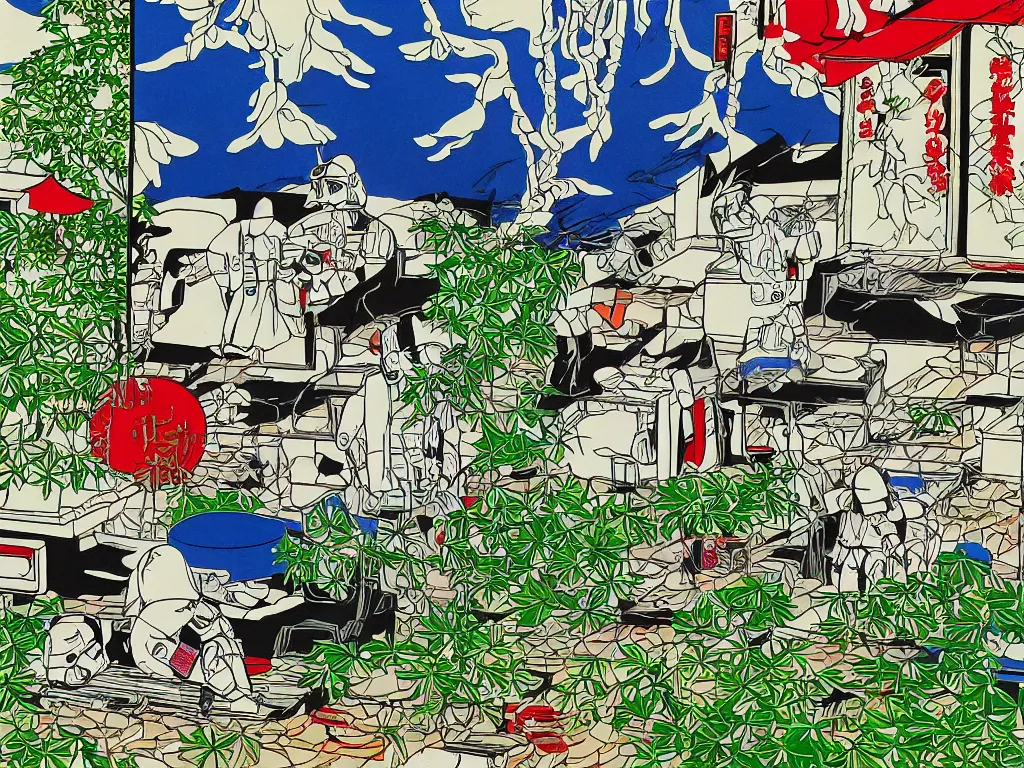 Image similar to detailed close - up image of the japanese home with a garden and a pond, 2 stormtroopers sitting around it, pop - art style, jacky tsai style, andy warhol style, roy lichtenstein style, rich palette, acrylic on canvas