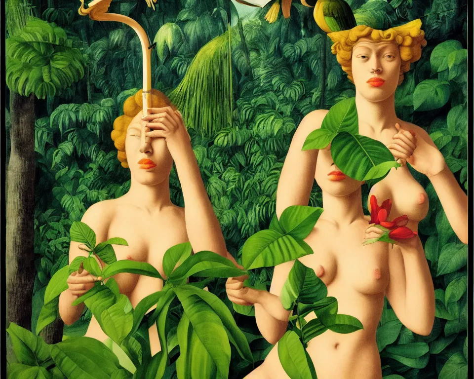 Image similar to an achingly beautiful print of blind lady justice in the tropical rainforest by Raphael, Hopper, and Rene Magritte. detailed, romantic, enchanting, trending on artstation.