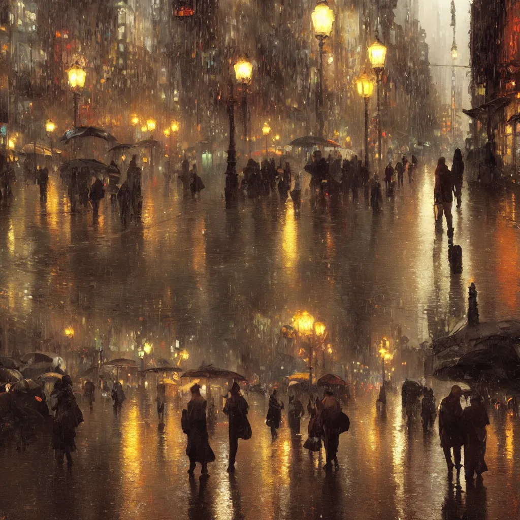 Prompt: a beautiful city at night, wet sidewalk, people, reflections, raindrops, art by craig mullins, greg rutkowski, alphonse mucha, trending on artstation, extremely detailed, masterpiece