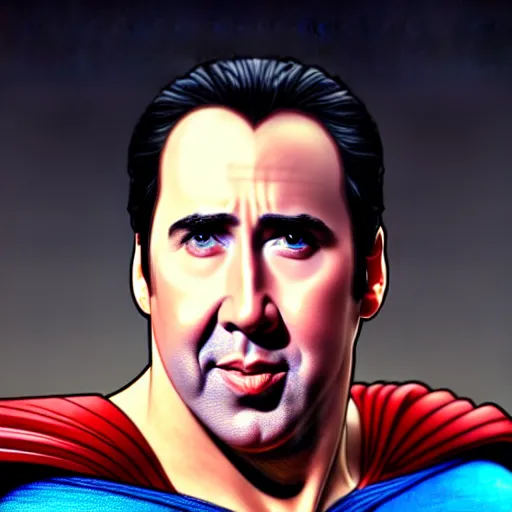 Image similar to portrait of nicolas cage as superman, intricate, elegant, highly detailed, digital painting, artstation, concept art, smooth, sharp focus, illustration, art by artgerm and greg rutkowski and alphonse mucha, 8 k