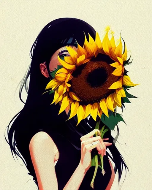 Prompt: a ultradetailed beautiful panting of a stylish woman holding a sunflower, by conrad roset, greg rutkowski and makoto shinkai, trending on artstation