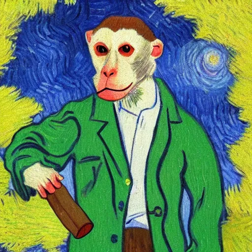 Prompt: rhesus monkey in a lab coat, smoking a cigar, in a green field, van gogh style painting