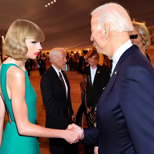 Image similar to taylor swift shaking hands with joe biden, 8 k uhd, cover of vouge magazine, perfect faces