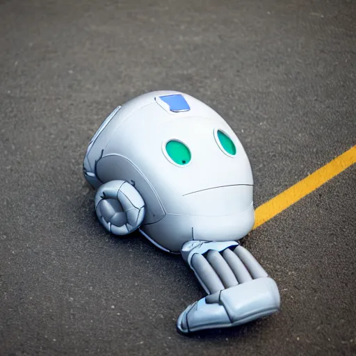 Image similar to deflated robot, non-functional, laying down, flattened, needs air, no fuel