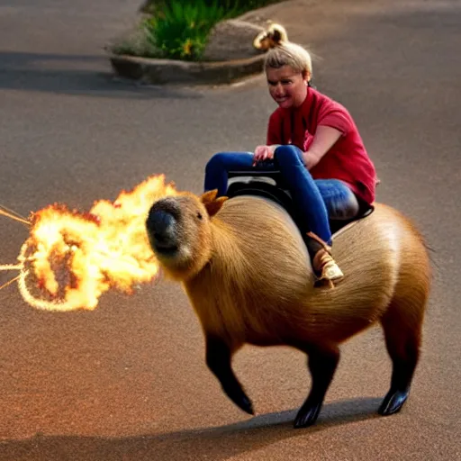 Prompt: photograph of a capybara riding a flaming segway