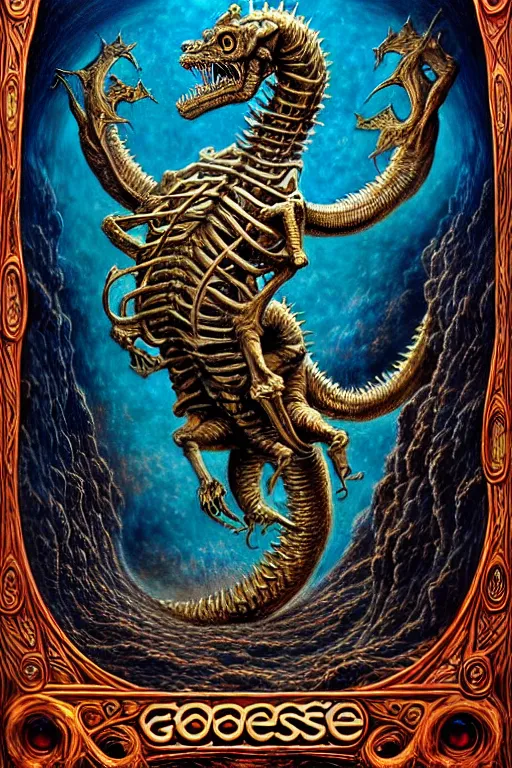 Prompt: A beautiful detailed grotesque godness monster super cute tarot card, by tomasz alen kopera and Justin Gerard, symmetrical features, ominous, magical realism, texture, intricate, ornate, royally decorated, mechanic, skeleton, whirling smoke, embers, red adornements, blue torn fabric, radiant colors, fantasy, trending on artstation, volumetric lighting, micro details, 3d sculpture, ray tracing, 8k, anaglyph effect, digital art