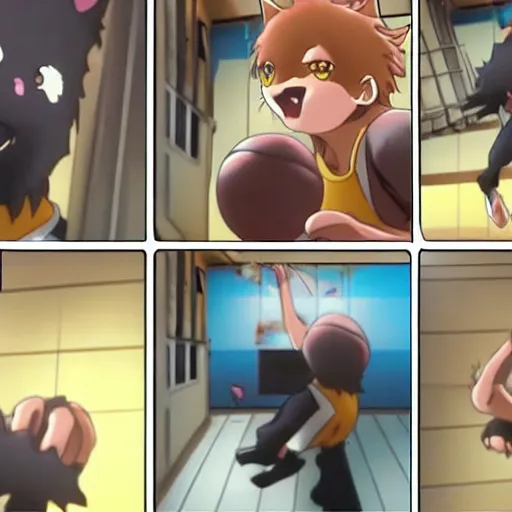 Prompt: a cat dunking a basketball, screenshots from miyazake anime movie