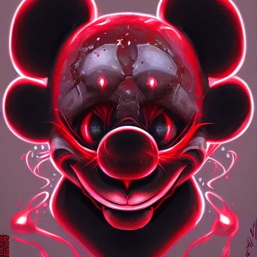 Prompt: Portrait of an evil looking Mickey Mouse, red flames in eyes, fantasy, D&D, horror, creepy, twisted, intricate, highly detailed, digital painting, trending on artstation, sharp focus, illustration, style of Stanley Artgerm