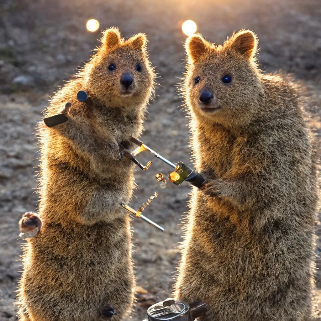 Image similar to happy quokka taking a smoking a bong and eating candy, golden hour, ultra realistic