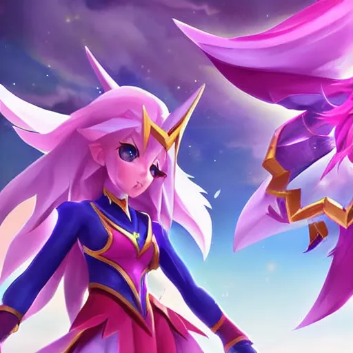 Image similar to star guardian xayah and star guardian kai'sa are friends, league of legends, by weta digital, 3 - dimensional, photograph, hyper relealistic, rays of shimmering light