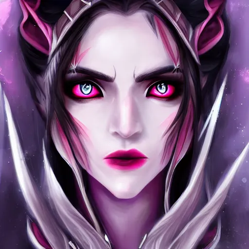 Image similar to portrait of a female high elf with magenta eyes and dark hair, digital art dnd beyond trending on art station 8 k