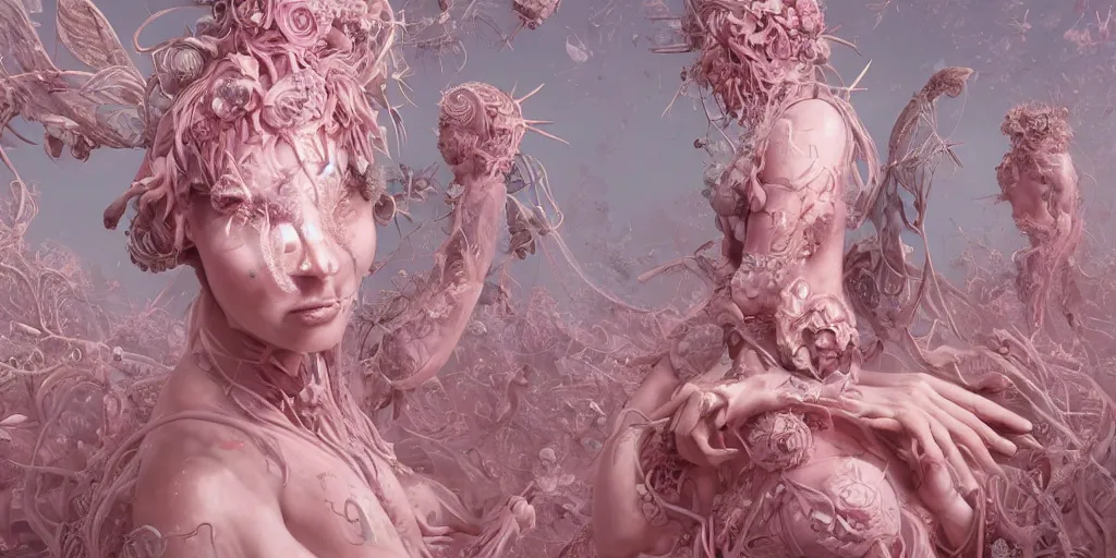 Image similar to hyperrealistic solarpunk photography of a highly detailed and symmetrical gorgeous cyborg nymph awash in a sea of pink milk in the style of beth cavener, jin kagetsu, james jean and wlop, highly detailed, face symmetry, masterpiece, award - winning, sharp focus, intricate concept art, ambient lighting, 8 k, artstation