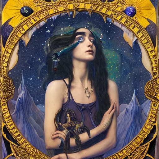 Image similar to queen of the moon with stars in her hair, by tino rodriguez and annie swynnerton and nicholas roerich and jean delville and donato giancola and tom bagshaw and lucien freud, dramatic lighting, goth tattoos, rich colors, smooth sharp focus, extremely detailed, adolf wolfli