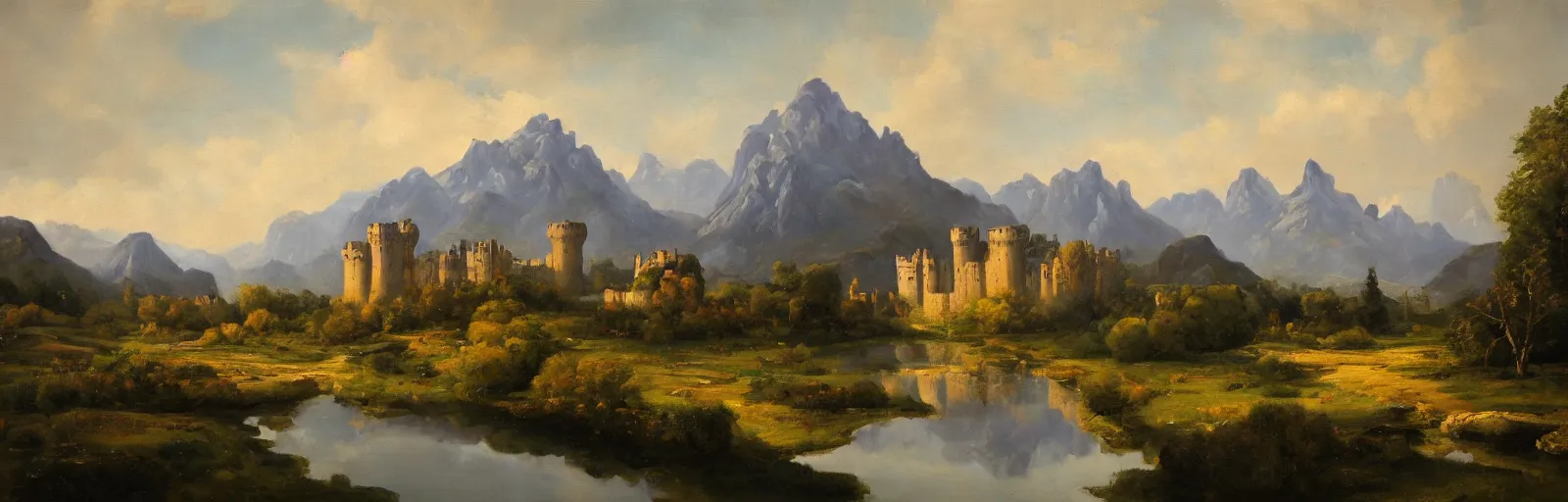 Prompt: landscape painting of multiple large interconnected castles,moat,mountains,oil canvas,by Paul Bril,masterpiece,high quality,pretty,fantasy,impossible