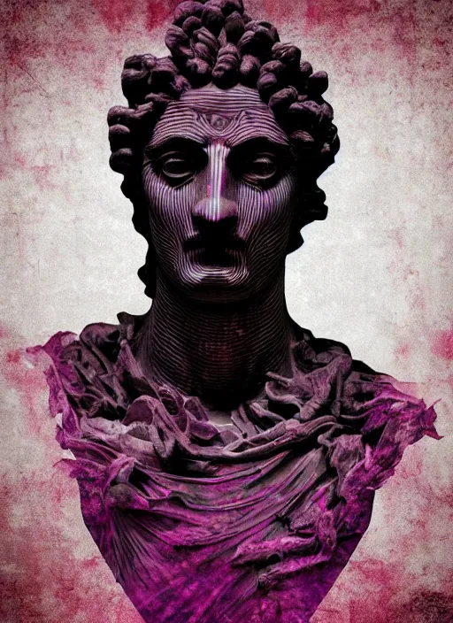 Image similar to elegant dark design poster showing a large greco roman statue of dionysus, black background with very subtle red and purple design elements, bold, powerful, nekro, vito acconci, thin straight purple lines, dark, glitch art, neo vaporwave, gritty, layout frame, square, trending on artstation