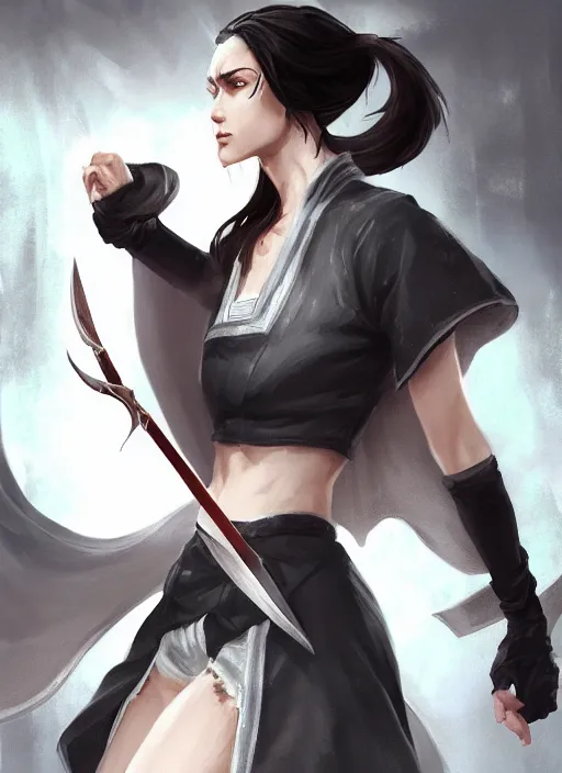 Image similar to a highly detailed illustration of fierce messy ponytail black haired one armed delinquent woman wearing japanese uniform cap wearing long white coat cape, dramatic wielding sword pose, muscular, intricate, elegant, highly detailed, centered, digital painting, artstation, concept art, smooth, sharp focus, league of legends concept art, wlop.