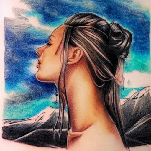 Image similar to tattoo design sketch of a beautiful girl next to a beautiful mountain scenery, hyper realistic