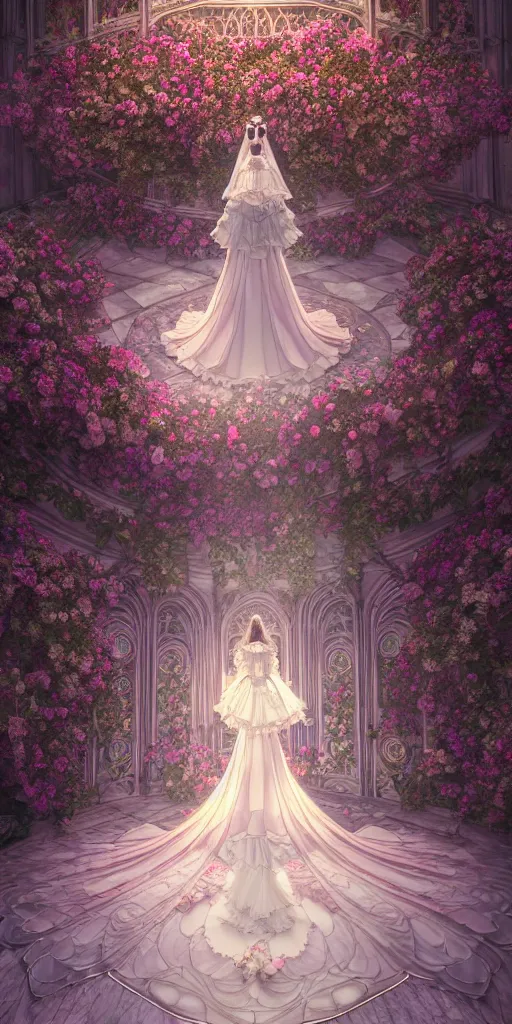 Image similar to the beautiful hyperdetailed physical rendering of a single rose wedding gothic lolita dress clothing design display in show in front of your eyes, perfectly shaded, atmospheric lighting, in the style of makoto shinkai, raphael lacoste louis comfort tiffany, stanley artgerm lau, wlop, rossdraws, 8 k hd, 3 drender, super close lens