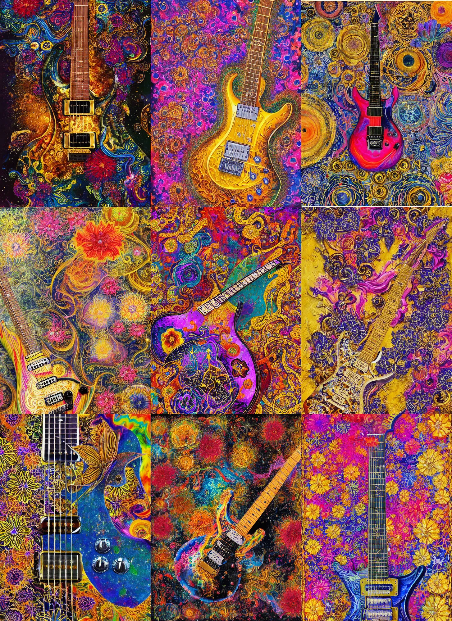 Prompt: high intricate detailed abstract painting of a prs electric guitar covered in flowers and psychedelic smoke, golden ratio, rule of thirds, elegant, by lea leonowicz, by maks trofimov, by jenny brozek, by johannes wessmark