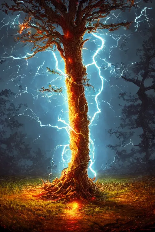 Image similar to a tree with lightning for leaves, overexposure, electricity, night, unreal engine, digital art, 8 k, oil painting, fantasy art, illustration, detailed and intricate environment