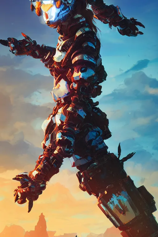 Image similar to combination suit armor aloy horizon forbidden west horizon zero dawn radiating a glowing aura global illumination ray tracing hdr fanart arstation by ian pesty and alena aenami artworks in 4 k tribal robot ninja mask helmet backpack