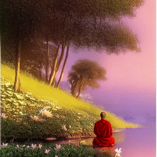 Prompt: A monk, meditate among the lilies at the sparkling lake, by moebius and john harris, atmospheric hues, calm, cinematic, concept art