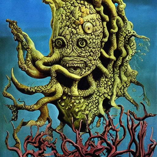 Image similar to deep sea plant life creature, black lagoon, amphibious, seaweed, coral, surreal painting, painted by dali,