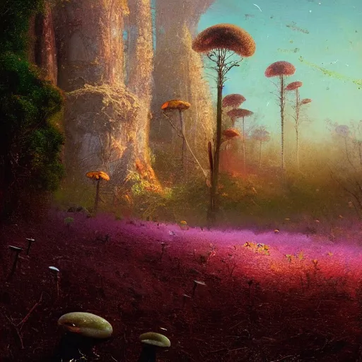 Image similar to A lovely picture of an alien landscape with mycelium aliens by John Berkey, by George Inness, by john Harris, forest made out of mushroom, purple and red and white gradient colour theme, trending on DeviantArt, rendered in blender, 8k resolution, Mountains