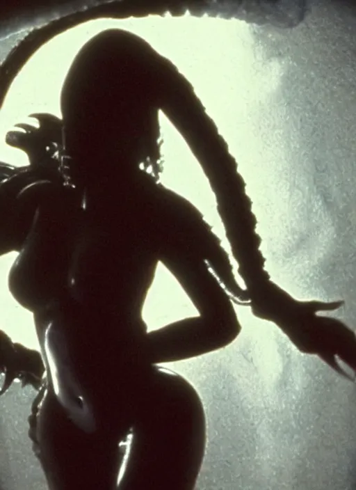 Image similar to cinematic film still of kim kardashian pushed against a wall by an xenomorph in Alien.