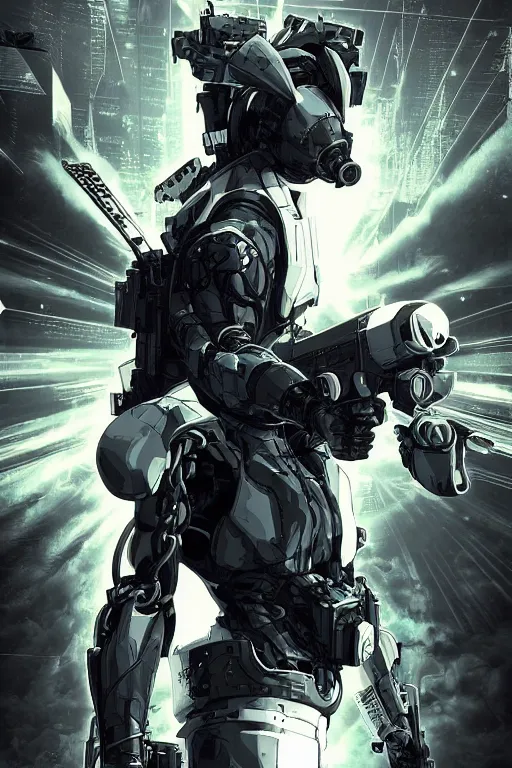 Prompt: cyber cyborg ninja lion mask helmet metal gear solid artic suit swat commando, global illumination ray tracing hdr fanart arstation by sung choi and eric pfeiffer and gabriel garza and casper konefal, a spectacular view cinematic rays of sunlight comic book illustration, by john kirby