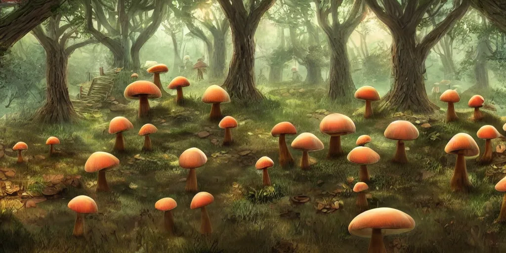 Image similar to mushroom fungus forest village, trending on artstation