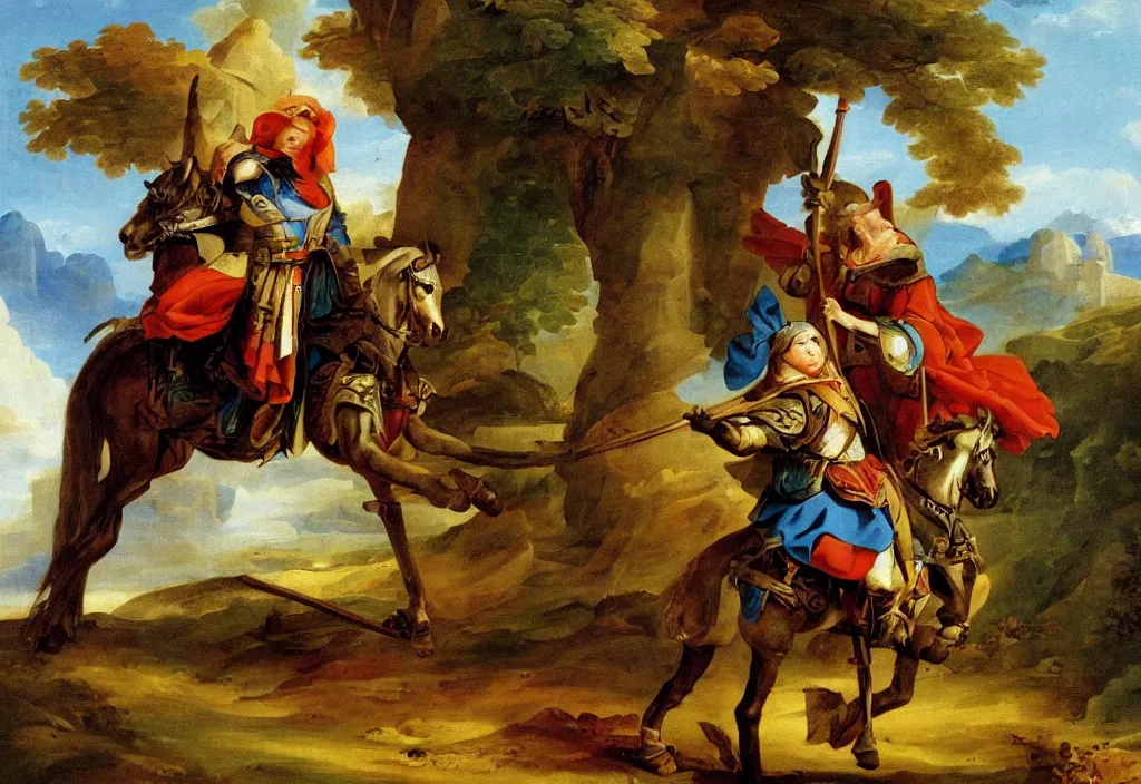 Prompt: a valiant knight on his way to adventure | high fantasy, colorful | Hyacinthe Rigaud