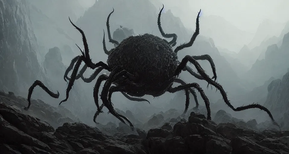 Image similar to a giant eldritch spider monster crawling across a misty mountainous landscape, dramatic lighting, illustration by francois baranger, greg rutkowski, yoji shinkawa, 4 k, digital art, concept art, trending on artstation