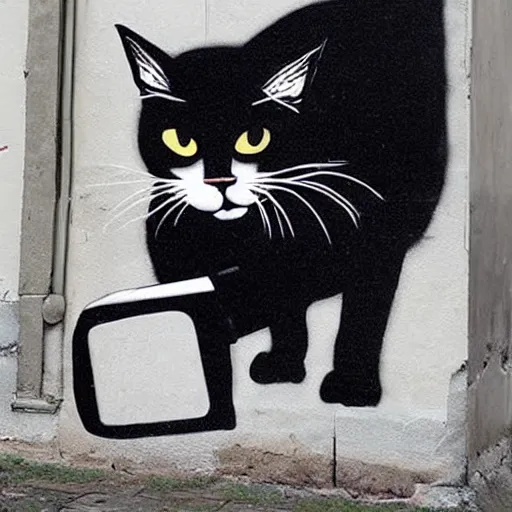 Image similar to Street art of an alcoholic cat who drink wine, by banksy