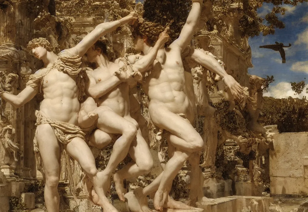 Image similar to the god of love eros soaring in the skies with apollo, ancient ruins by lawrence alma - tadema style, very detailed, anatomically correct, path traced lighting, soft natural lighting