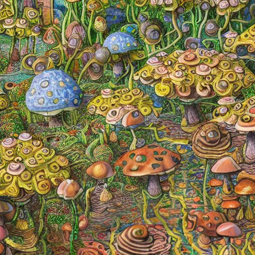 Prompt: city made of mushrooms and plants, 1 9 2 0 ’ s colored pencil, highly detailed, highly accurate, abstract art, deep aesthetic, 8 k, highly ornate intricate details, cinematic lighting, rich colors, ray tracing, hyperrealistic, photorealistic, cinematic landscape, trending on artstation,