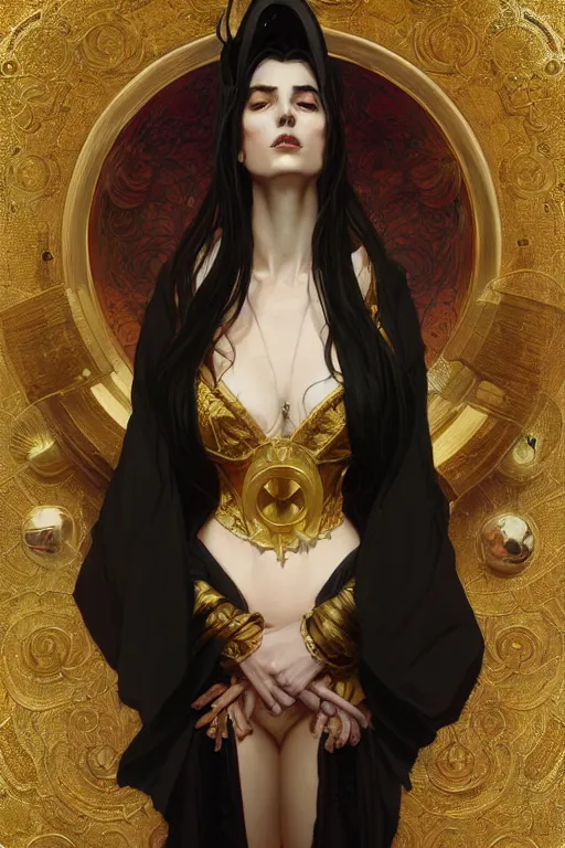 Prompt: Portrait of a Holy Necromancer, female, beautiful, golden robes, exquisite black accessories, golden corset, highly detailed, smooth, digital painting, illustration, fantasy, by Krenz Cushart and Artem Demura and alphonse mucha