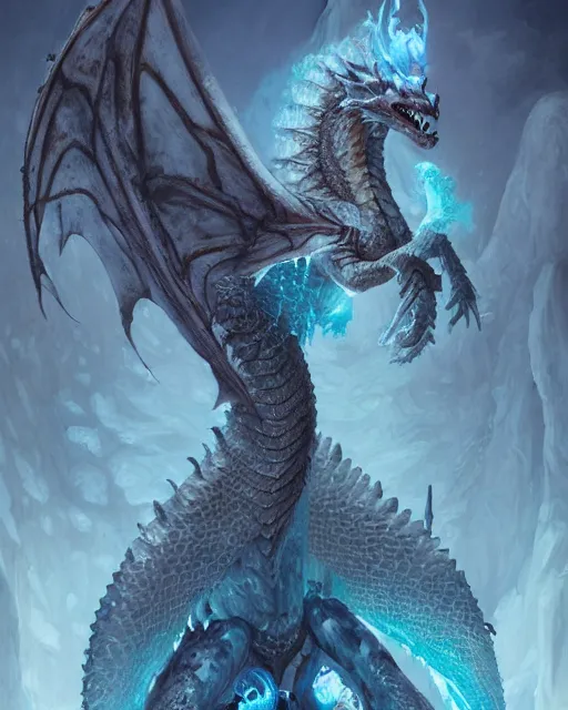 Image similar to portrait of the ice dragon queen athey, greg rutkowski, greg toccini, james gillard, joe fenton, kete butcher, dynamic lighting, gradient light blue, brown, light cream and white colors, grunge aesthetics, detailed and complex environment