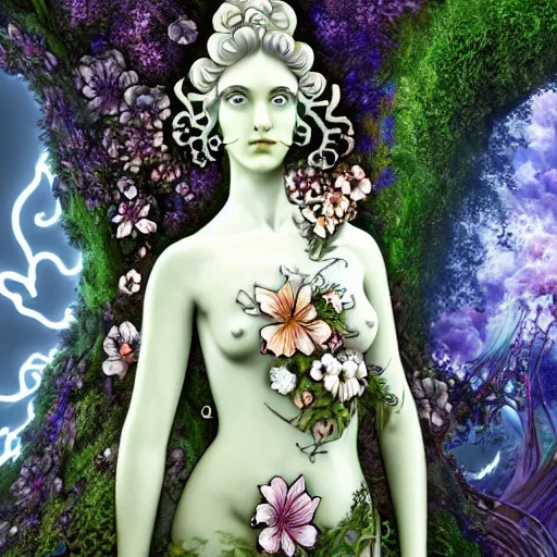 Image similar to a fully dressed idealistic marble statue with beautiful porcelain face with fractal flowery hair in a fractal garden, glowing delicate flower and mushrooms that grow in a dark fatansy forest on the planet pandora,, symmetrical,