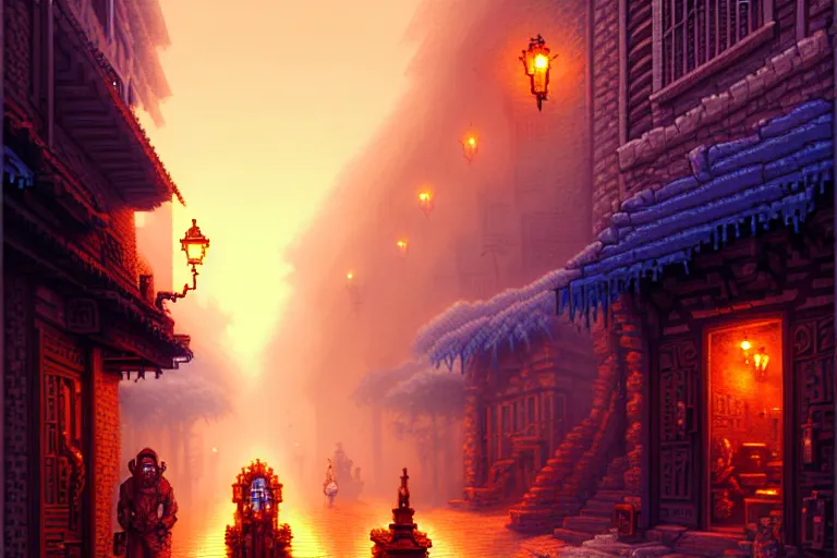 Image similar to a city street in athas under the dark sun, beautiful detailed pixelart by albertov, intricate details, beautiful, dithered gradients, volumetric lighting, cgsociety, artstation, 2 d, smooth, sharp, focus, illustration, art by artgerm, by greg rutkowski, by dan mumford