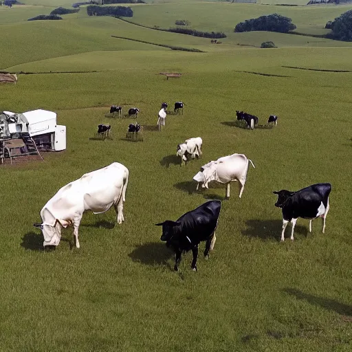 Image similar to star trek borg drones supervising cows on a beautiful farm, 4 k