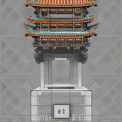 Image similar to ancient chinese architecture, rubix cube house concept, rubix cube by bugs zhou, artstation, fine detail