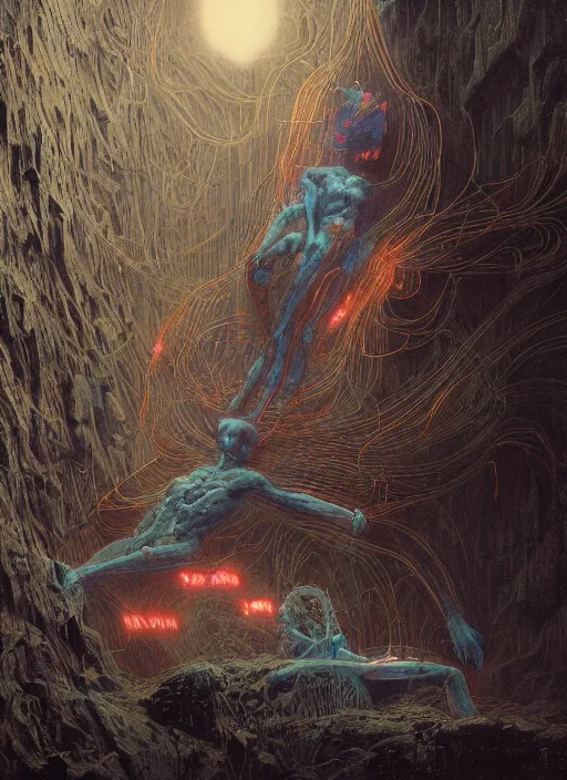 Image similar to HE AWAKENED, neon, they are watching, RGB, glowing wires everywhere, pristine, by Edgar Maxence and Ross Tran, Zdzisław Beksiński, and Michael Whelan, distant, gustav dore, H.R. Giger, 8k, octane render