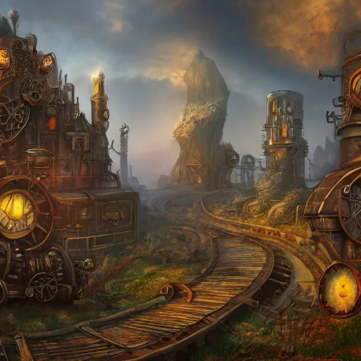 Image similar to steampunk fantasy landscape, digital art, trending on artstation, highly detailed, 4k, hd