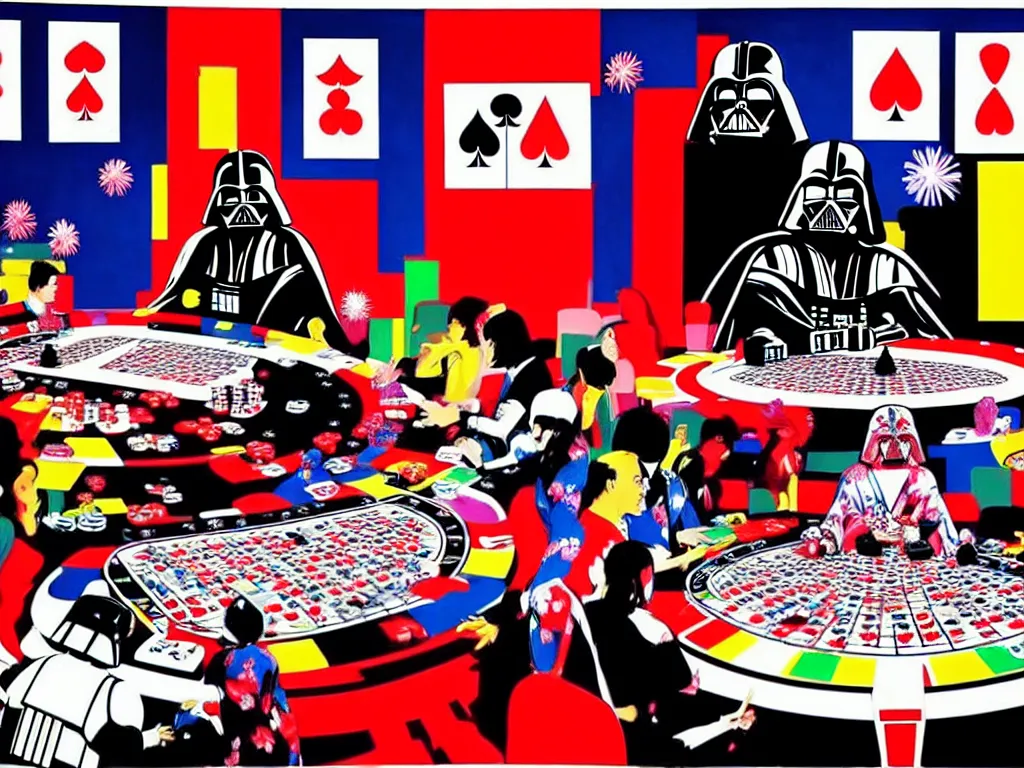 Image similar to hyper - realistic composition of a large room with an extremely detailed poker table in the center, woman in traditional japanese kimono standing nearby, darth vader sitting at the table, fireworks in the background, pop art style, jackie tsai style, andy warhol style, acrylic on canvas, dull palette